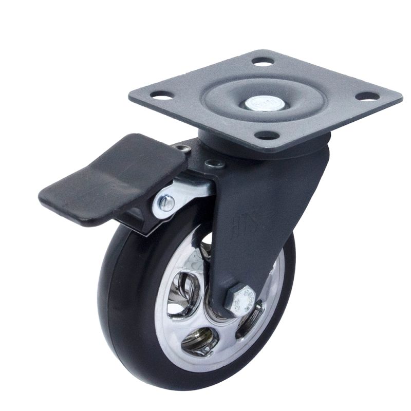 Rotila din plastic antracit-crom D75 cu frana si flansa metalica, 50 kg