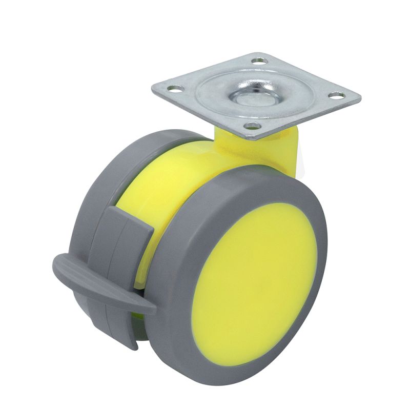Rotila din plastic galben D65 cu frana si flansa metalica, 40 kg