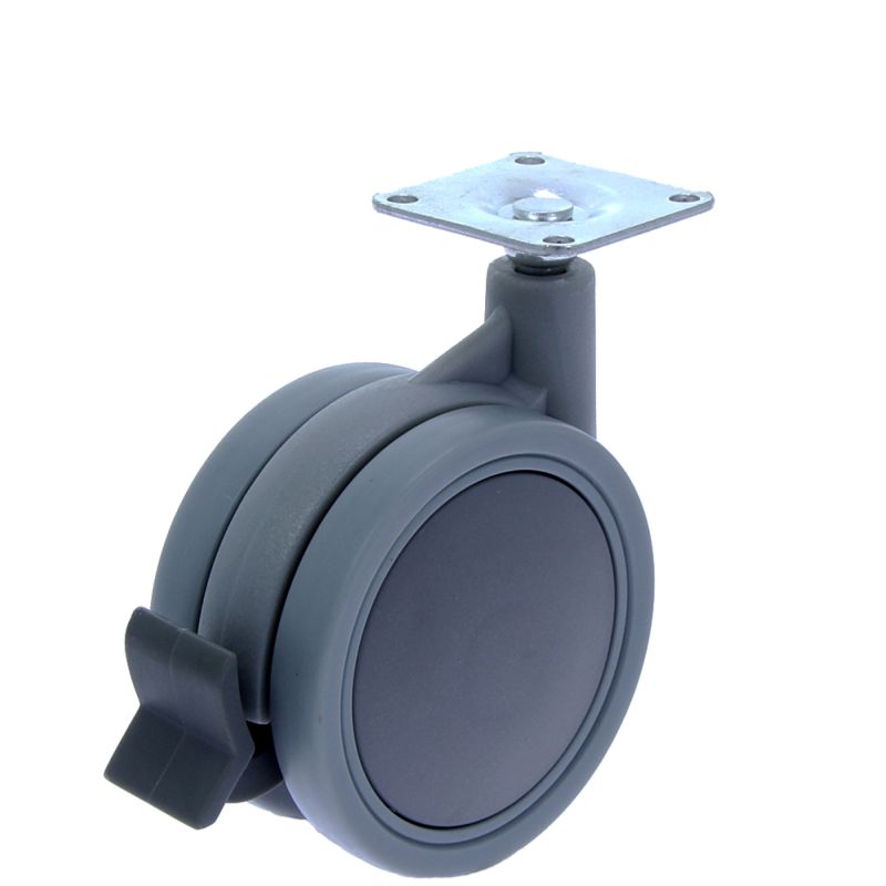 Rotila din plastic gri D75 dubla cu frana si flansa metalica, 35 kg