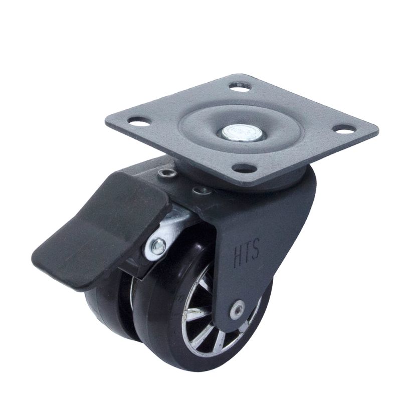 Rotila dubla din plastic antracit-crom D50 cu frana si flansa metalica, 60 kg